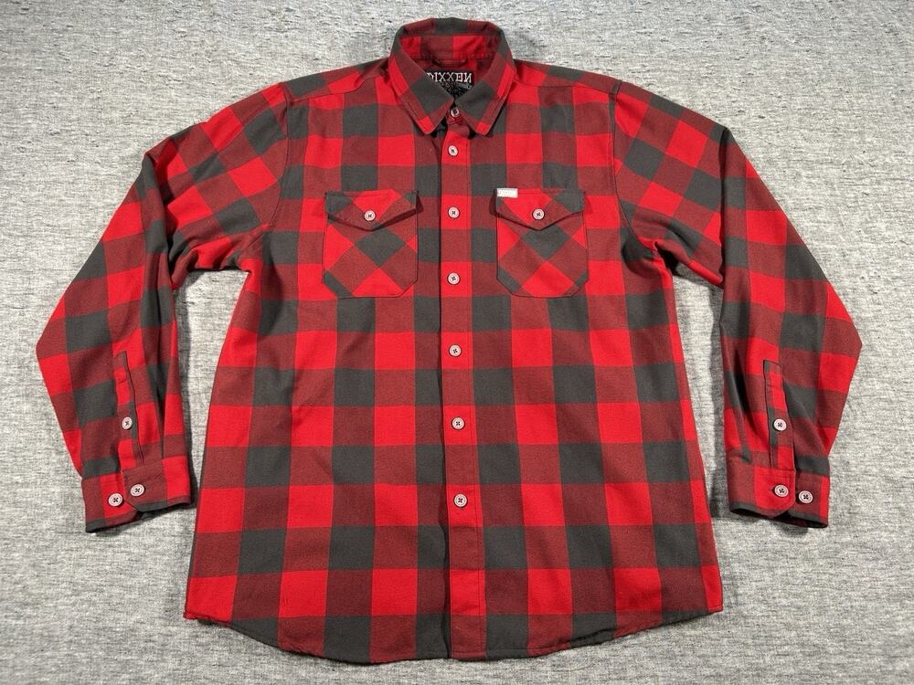 Dixxon Fifty Fifty Flannel Shirt Mens Large Red Gray Buffalo Plaid Button Up